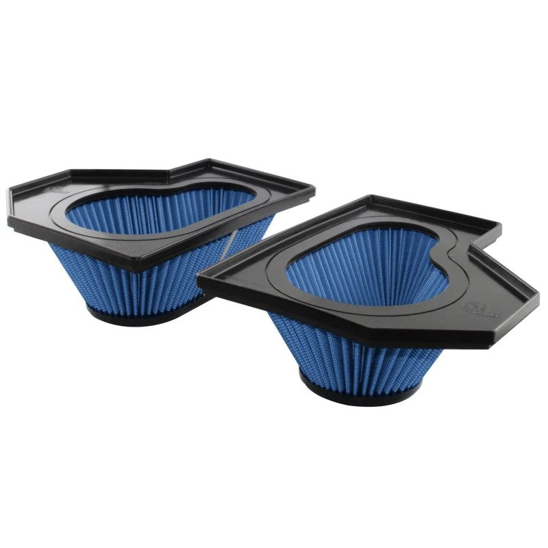 Pair of aFe MagnumFLOW Pro 5R oiled cotton gauze air filters with blue media and black polyurethane frames.