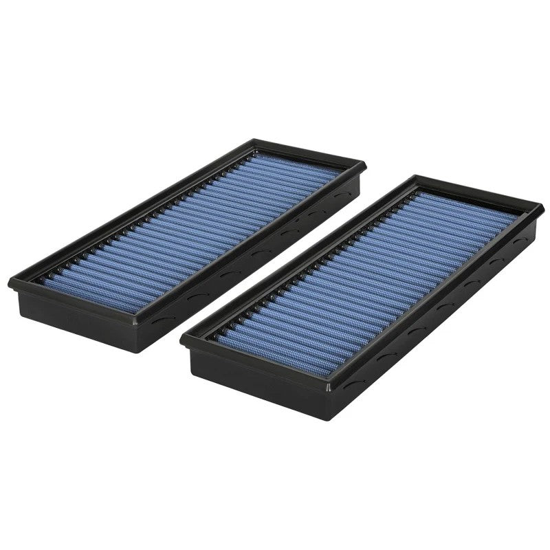 Pair of aFe Magnum FLOW Pro 5R oiled performance air filters with blue cotton gauze media and black polyurethane frames.