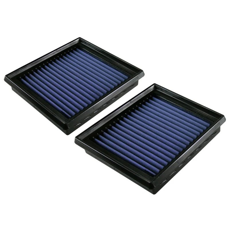 Pair of aFe Power Magnum FLOW Pro 5R oiled performance air filters with blue cotton gauze and black polyurethane frames.