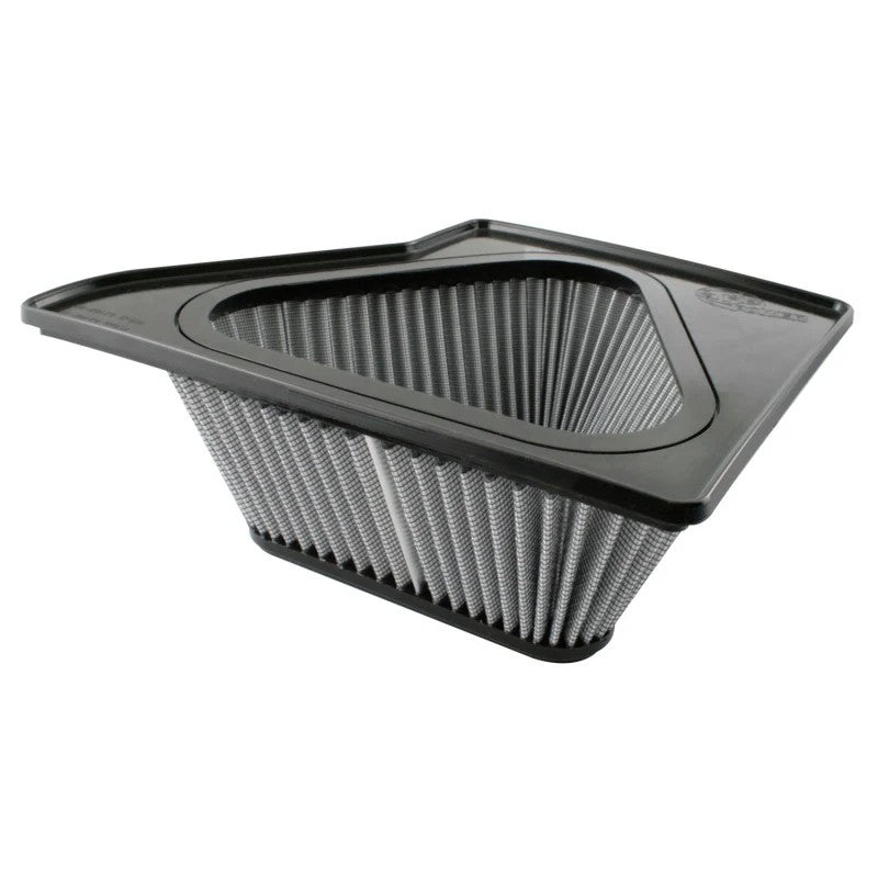 aFe MagnumFLOW Pro DRY S OE replacement air filter with grey synthetic media and black polyurethane frame for Ford Mustang.