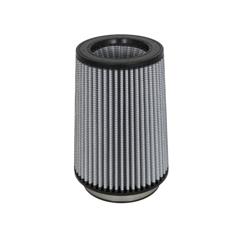 aFe Power MagnumFLOW Pro DRY S conical air filter with 5-inch flange and white synthetic mesh media