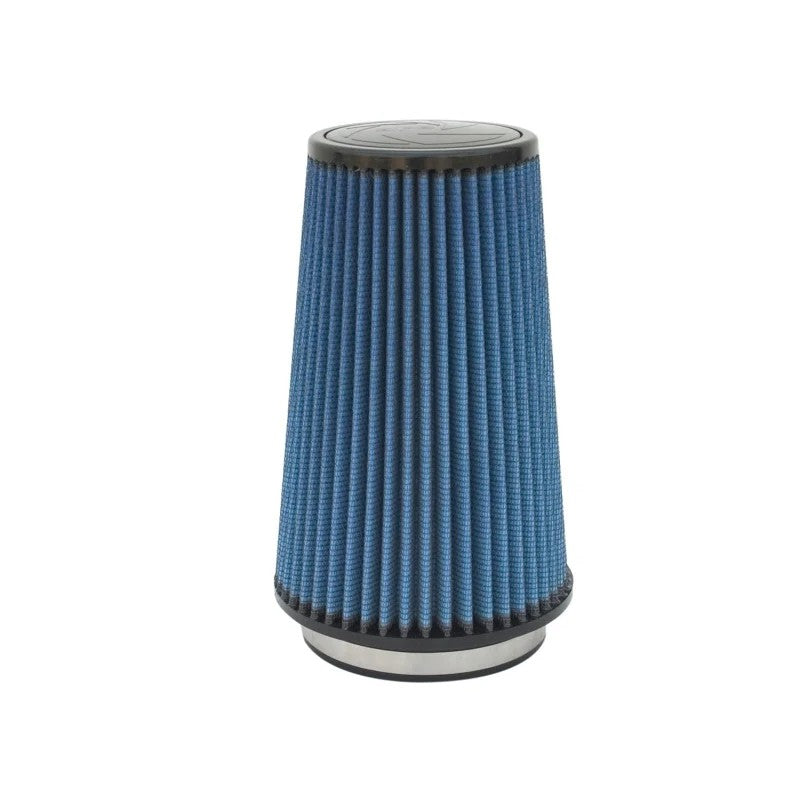 aFe Power MagnumFLOW Pro 5R conical air filter with blue oiled cotton gauze and black polyurethane top and flange.