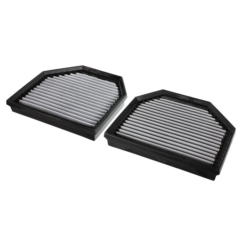 Set of two aFe Magnum FLOW Pro DRY S oil-free synthetic replacement air filters with blue media and polyurethane frames.