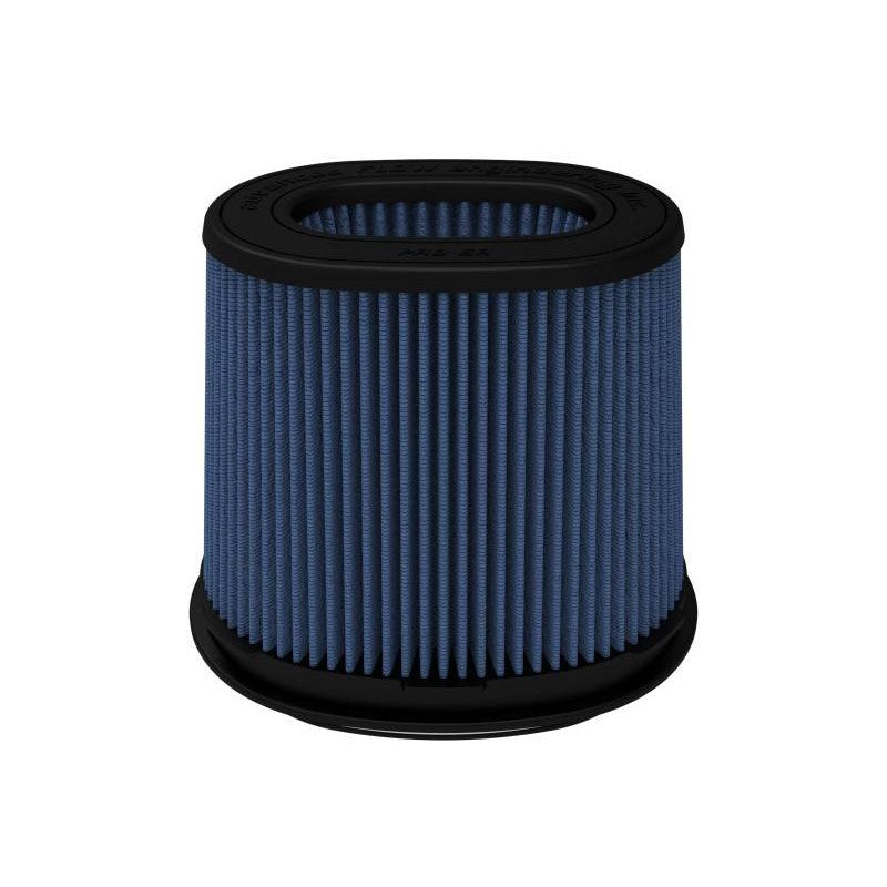 aFe MagnumFLOW Pro 5R air filter with blue oiled media, inverted top, and black polyurethane base with locking tabs.