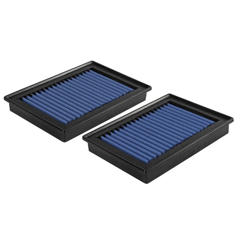 Pair of aFe MagnumFLOW Pro 5R blue oiled air filters with black polyurethane frames and deep rounded pleats.