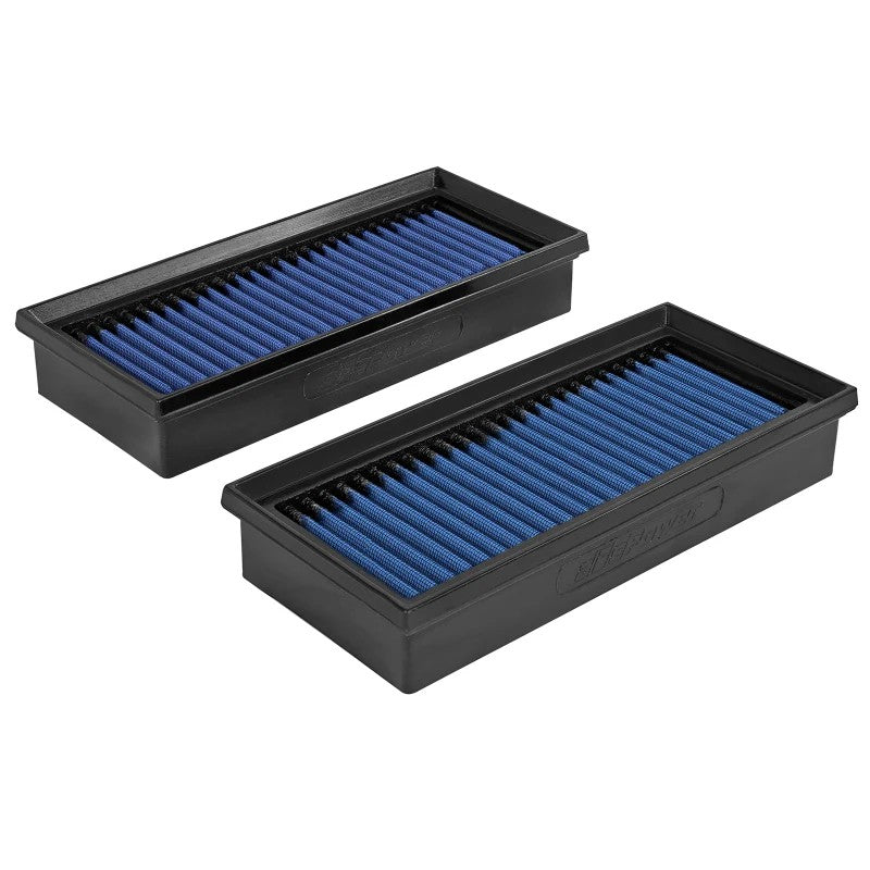 Pair of aFe MagnumFLOW Pro 5R oiled blue cotton gauze air filters with black polyurethane frames.