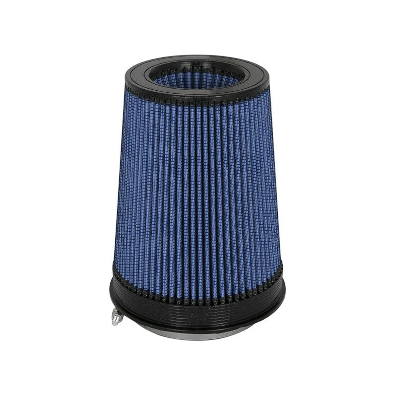 aFe MagnumFLOW Pro 5R universal air filter featuring blue oiled cotton gauze media, 5-inch flange, and inverted top design