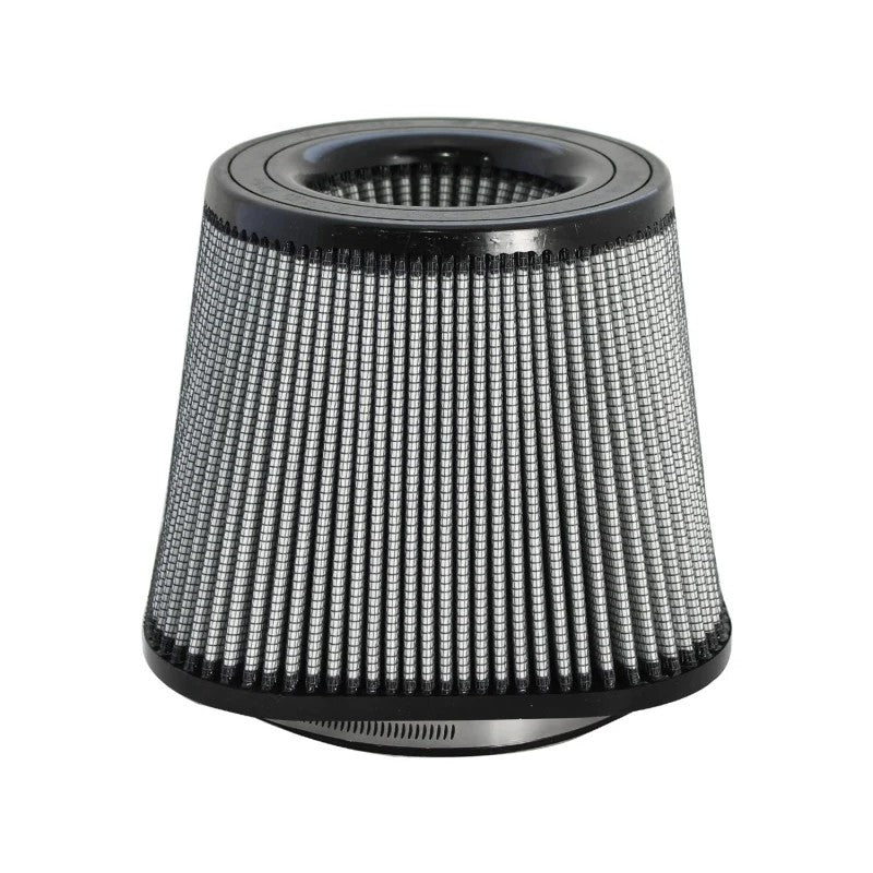 aFe MagnumFLOW Pro DRY S conical air filter with grey synthetic media and black polyurethane base and inverted top.