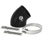 Black 40-degree 4-inch to 3.5-inch ID reinforced silicone reducing coupler with two stainless steel worm-gear clamps.