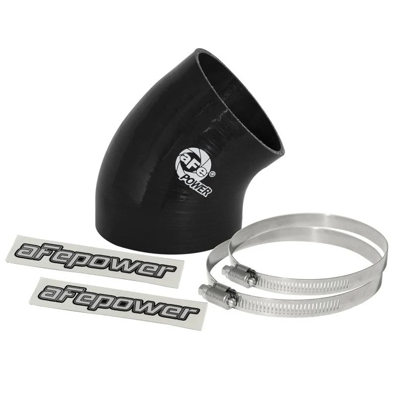 Black 40-degree 4-inch to 3.5-inch ID reinforced silicone reducing coupler with two stainless steel worm-gear clamps.