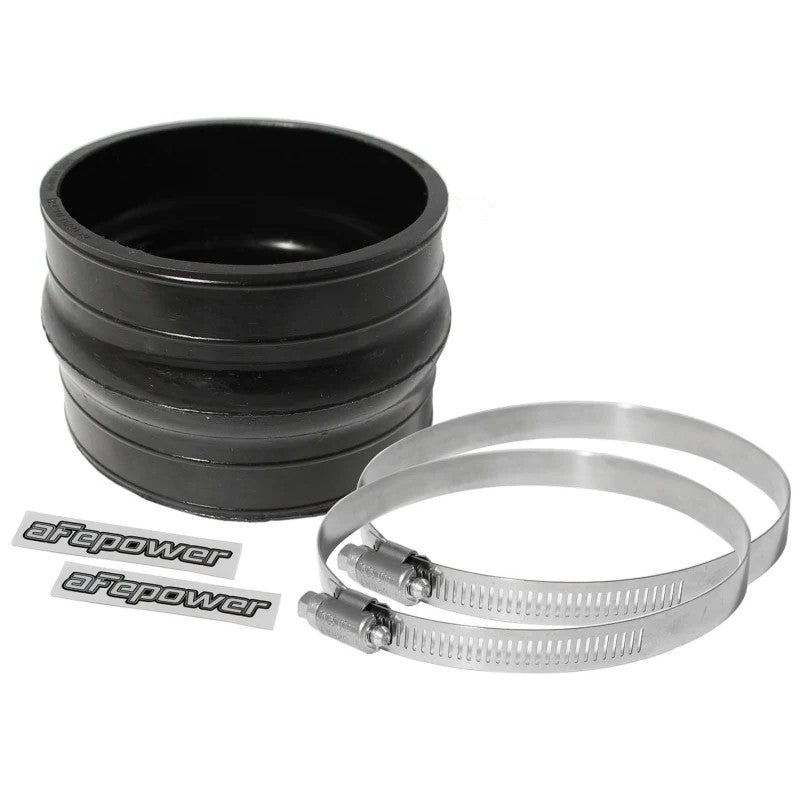 Black polyurethane hump coupler with two stainless steel worm gear clamps for 4.25 inch intake systems.