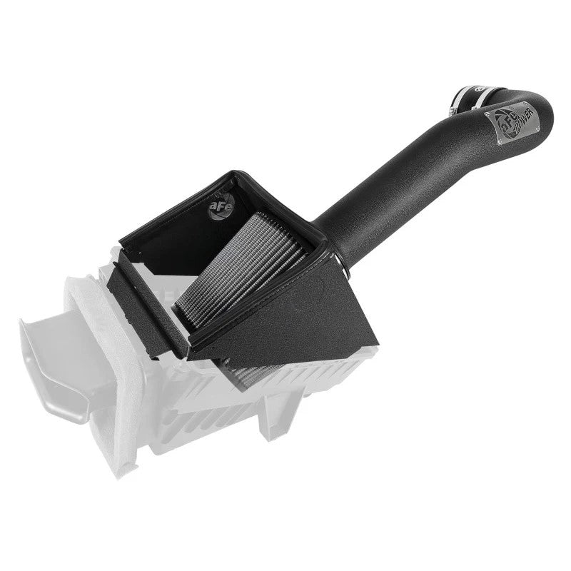 aFe MagnumFORCE Stage-2 intake kit featuring a black molded tube, steel heat shield, and gray Pro DRY S air filter.