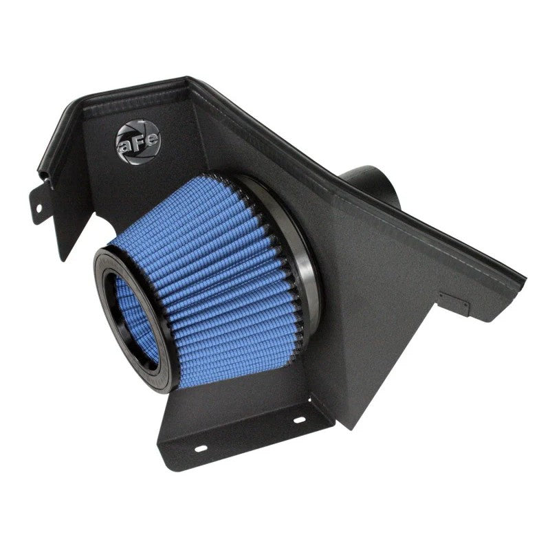 aFe MagnumFORCE Stage-2 cold air intake system with rotomolded plastic tube and blue Pro 5R air filter for BMW E60.