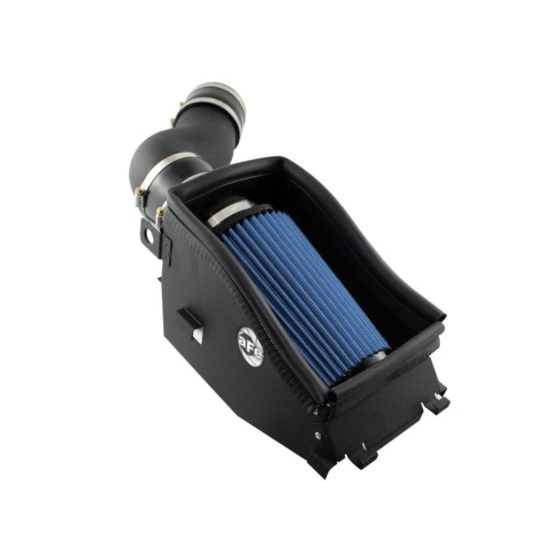 aFe Power Magnum FORCE Stage-2 intake system with black heat shield and blue Pro 5R air filter for Ford 7.3L.