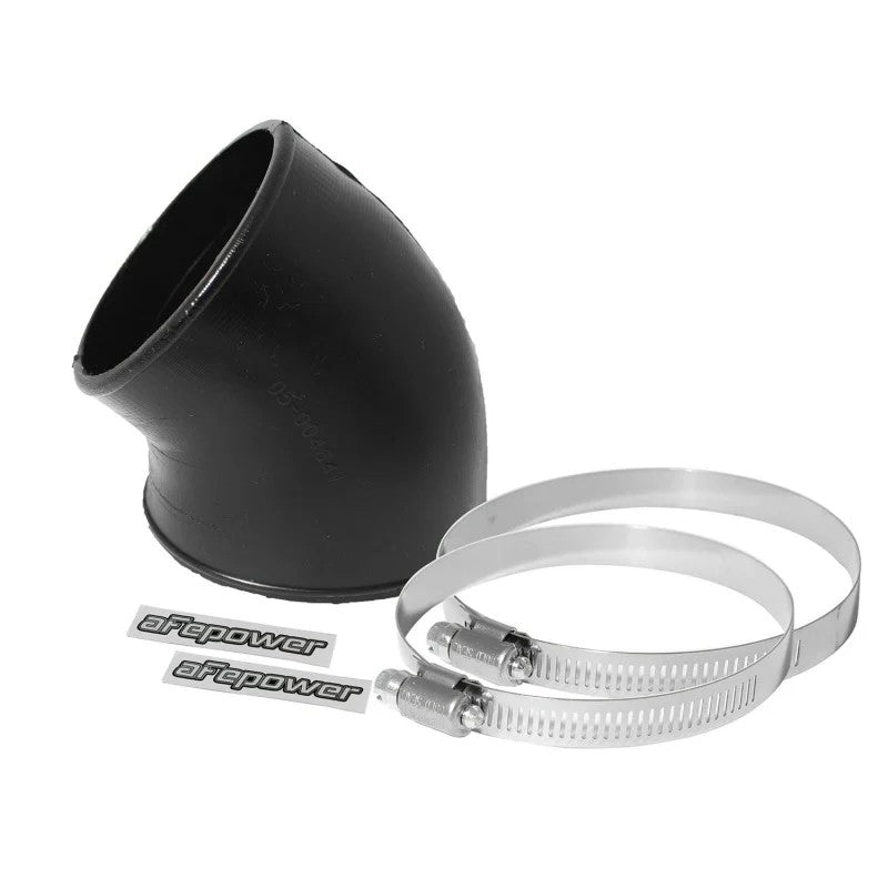 aFe MagnumFORCE 40-degree black polyurethane coupler with 4-inch and 3.5-inch openings and two metal hose clamps.
