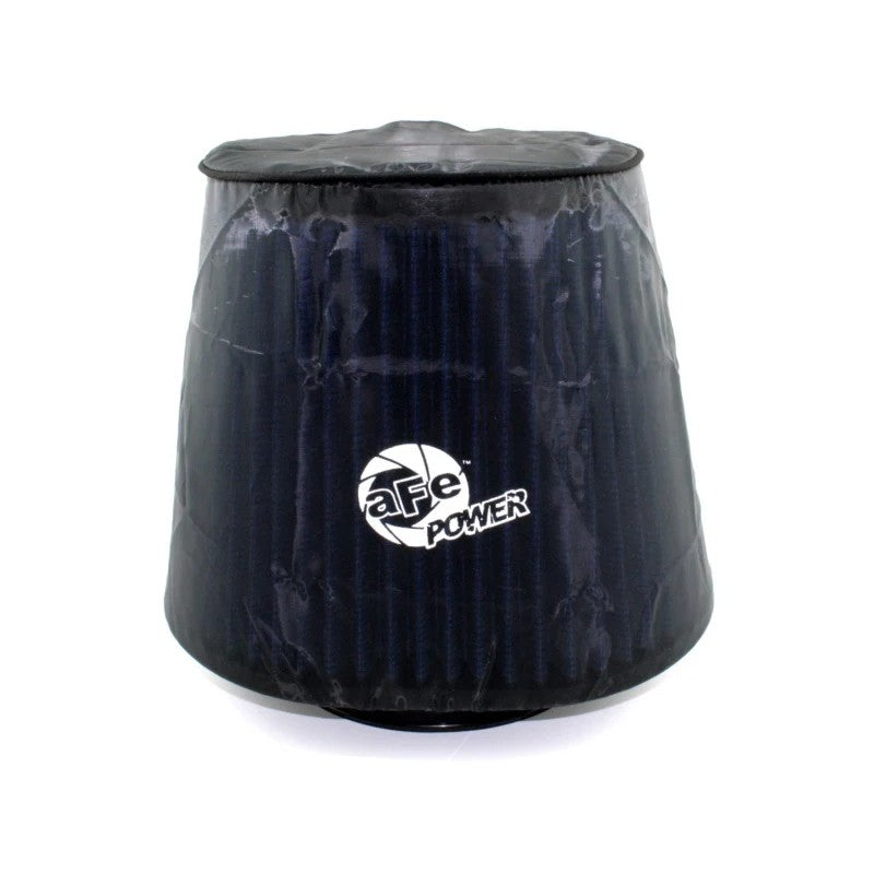 Black aFe Power MagnumSHIELD pre-filter with white silk-screened logo for performance air filter protection.