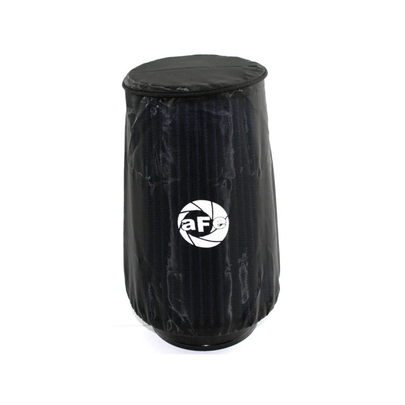 Four black aFe Power MagnumSHIELD pre-filters with silk-screened logos for performance air intake systems