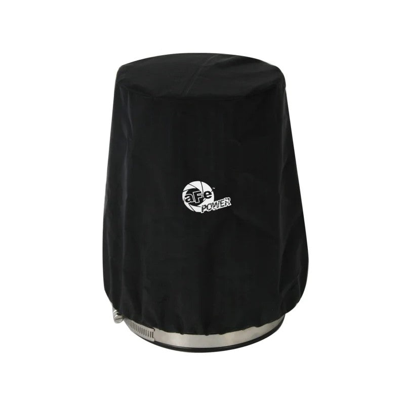 Black aFe Power MagnumSHIELD air filter pre-filter with white silk-screened logo and dry weave fabric construction