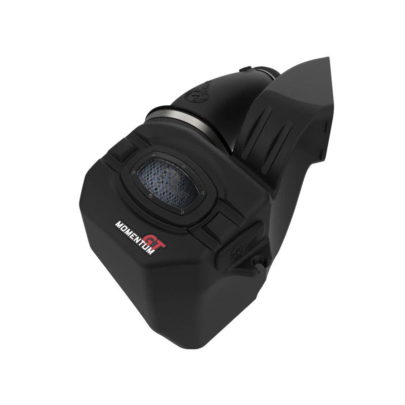 aFe POWER Momentum GT intake system featuring a black XLPE housing, clear sight window, and 5-layer Pro 5R air filter.