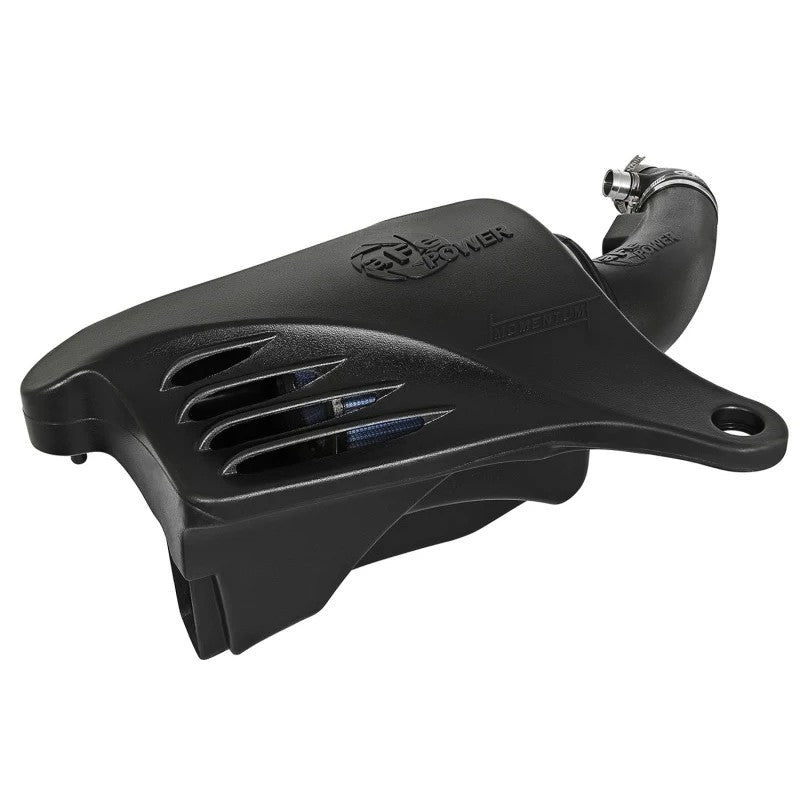 aFe Momentum GT cold air intake with black XLPE housing and blue Pro 5R filter for BMW F20/21 N13 engines.