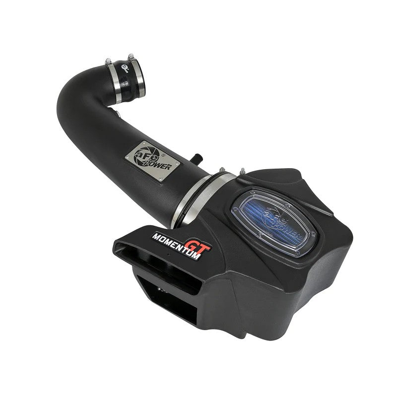 aFe Power Momentum GT intake system with black roto-molded housing, clear sight window, and blue Pro 5R oiled air filter.