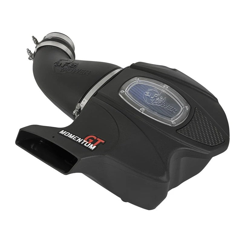 aFe Momentum GT Pro 5R cold air intake with black roto-molded housing, clear sight window, and blue oiled air filter.
