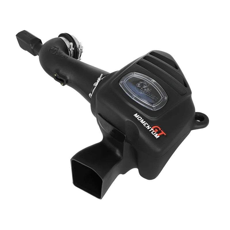 aFe Power Momentum GT cold air intake with black roto-molded housing, clear sight window, and blue Pro 5R air filter