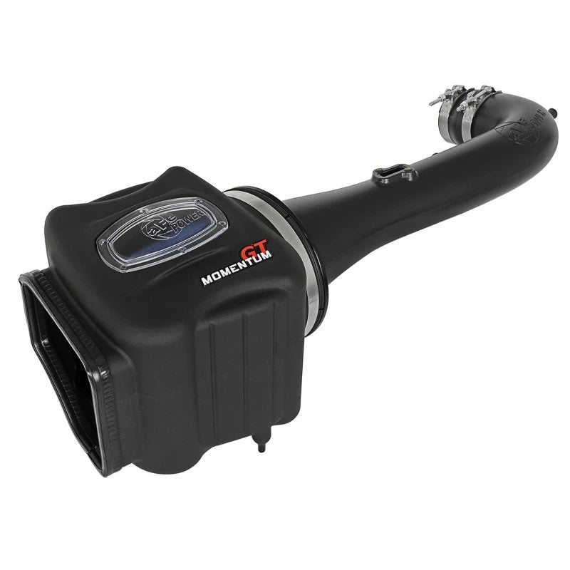 aFe Power Momentum GT air intake with black XLPE housing, clear sight window, and 5-layer oiled blue filter.