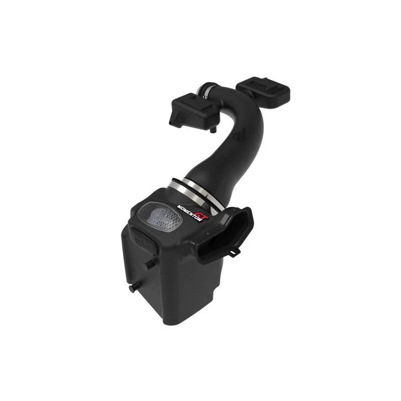 aFe Power Momentum GT cold air intake system with black XLPE housing and Pro 5R air filter for Ford Super Duty.