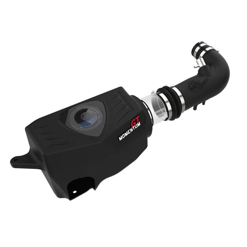aFe Power Momentum GT cold air intake featuring a black roto-molded housing, clear sight window, and Pro 5R oiled filter.