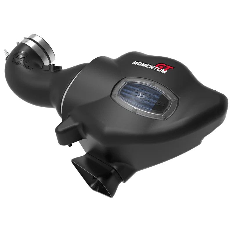 aFe Momentum GT intake for Camaro ZL1 showing the black roto-molded housing, clear sight window, and blue Pro 5R air filter.