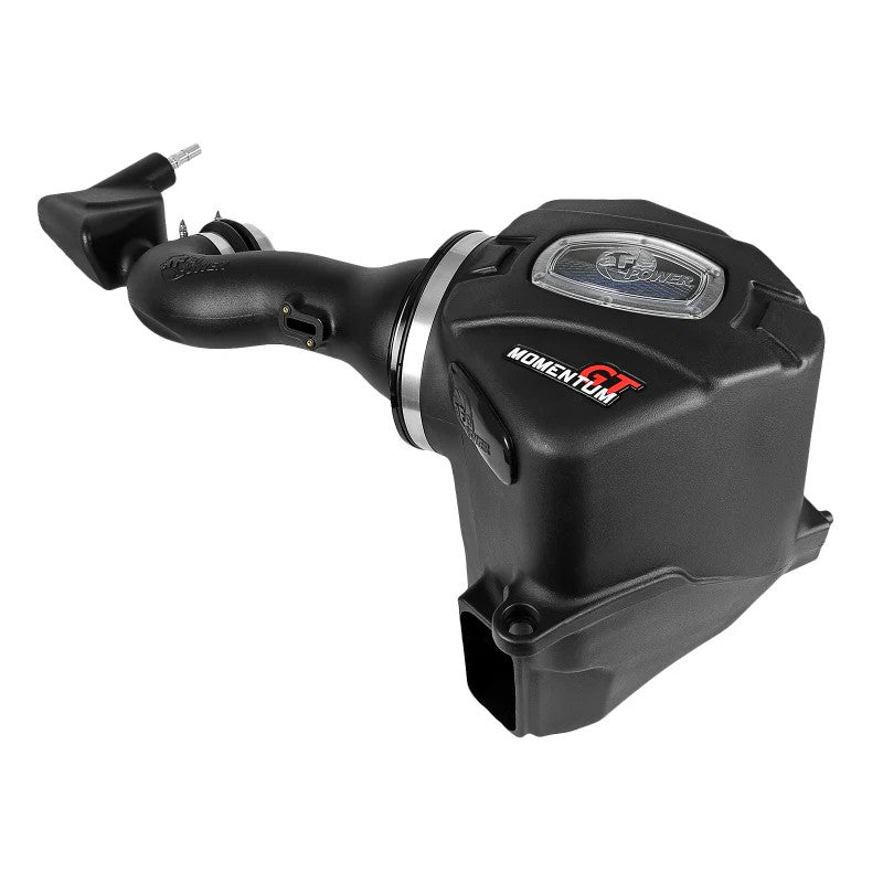aFe Momentum GT cold air intake system featuring black XLPE housing, clear sight window, and blue Pro 5R air filter