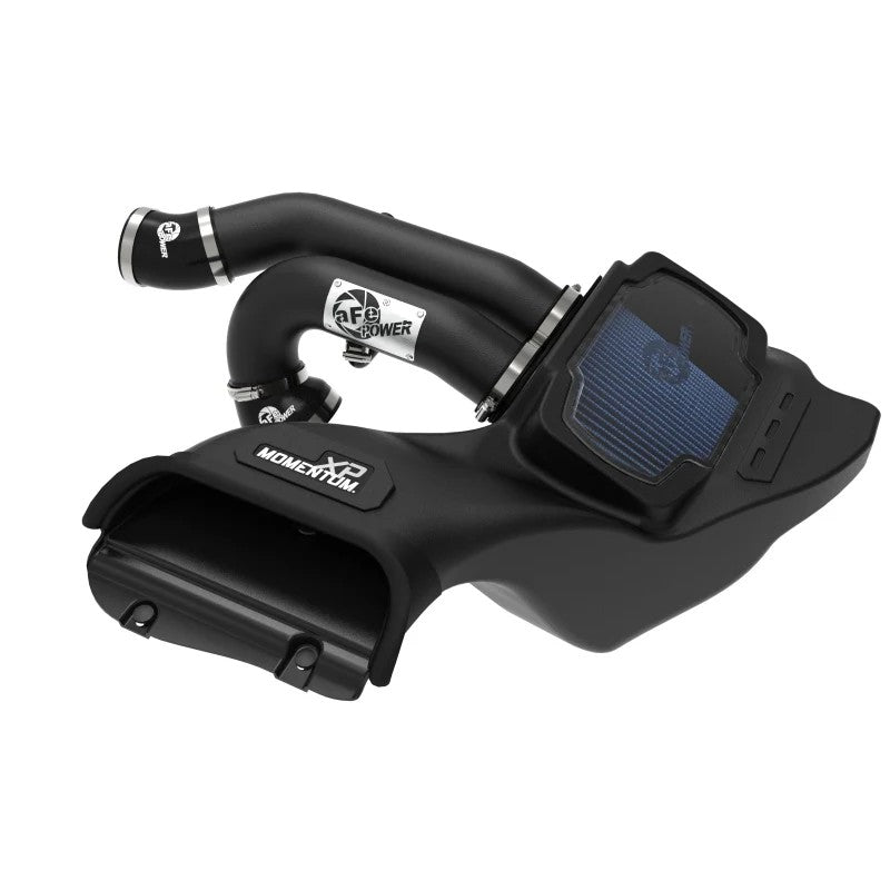 aFe Momentum GT cold air intake with black XLPE housing, clear sight window, and dual wrinkle-black aluminum tubes.