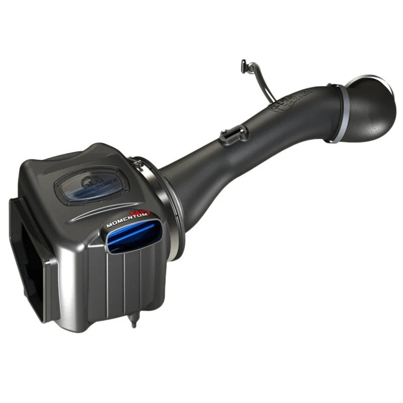 aFe Momentum GT Pro 5R cold air intake system with a black sealed housing, clear sight window, and blue oiled filter