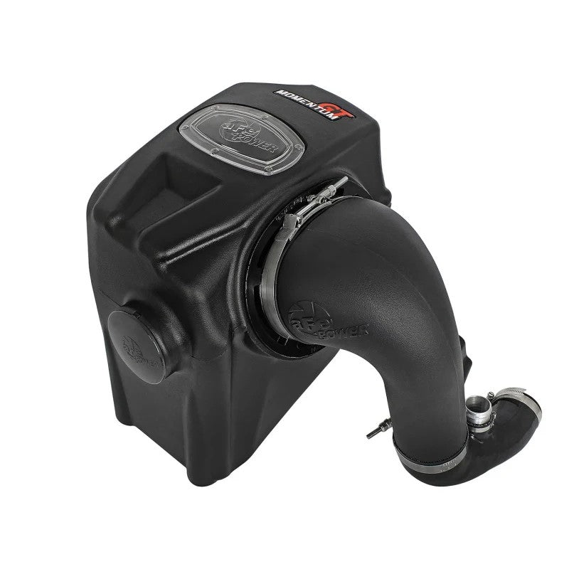 aFe Power Momentum GT cold air intake system with sealed housing, clear sight window, and Pro 5R filter for GM 2.8L diesel.