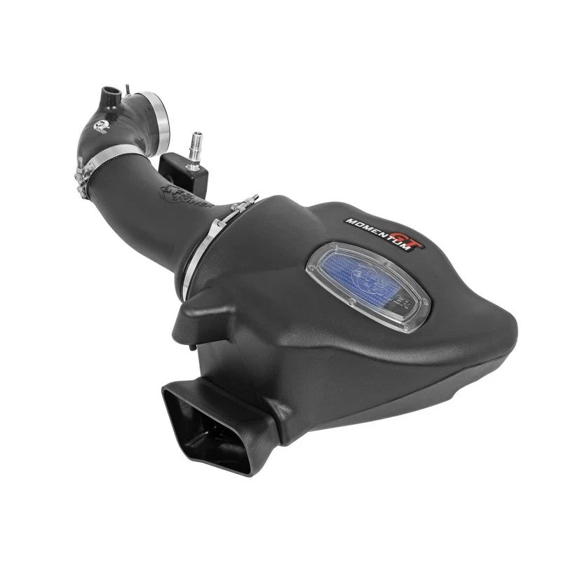 aFe Power Momentum GT Stage-2 intake system with black sealed housing and blue Pro 5R air filter for Chevrolet Camaro.