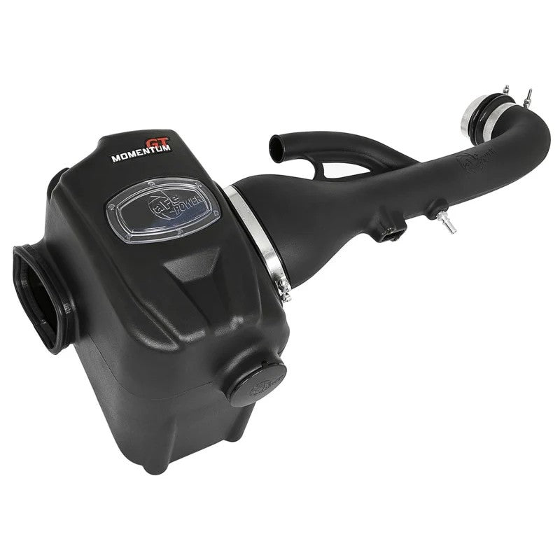aFe Power Momentum GT intake with black roto-molded housing, clear sight window, and blue Pro 5R oiled air filter.