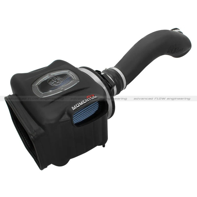 aFe Power Momentum GT sealed air intake housing with rotomolded tube and blue Pro 5R air filter for GM V8 engines.