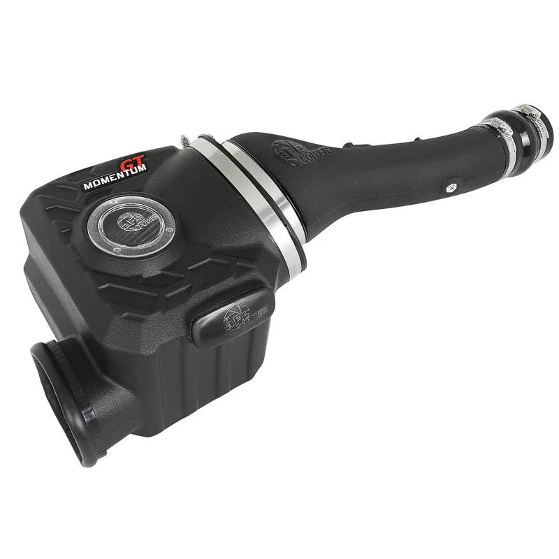 aFe Momentum GT cold air intake with black roto-molded housing, clear sight window, and blue oil-free Pro DRY S filter.