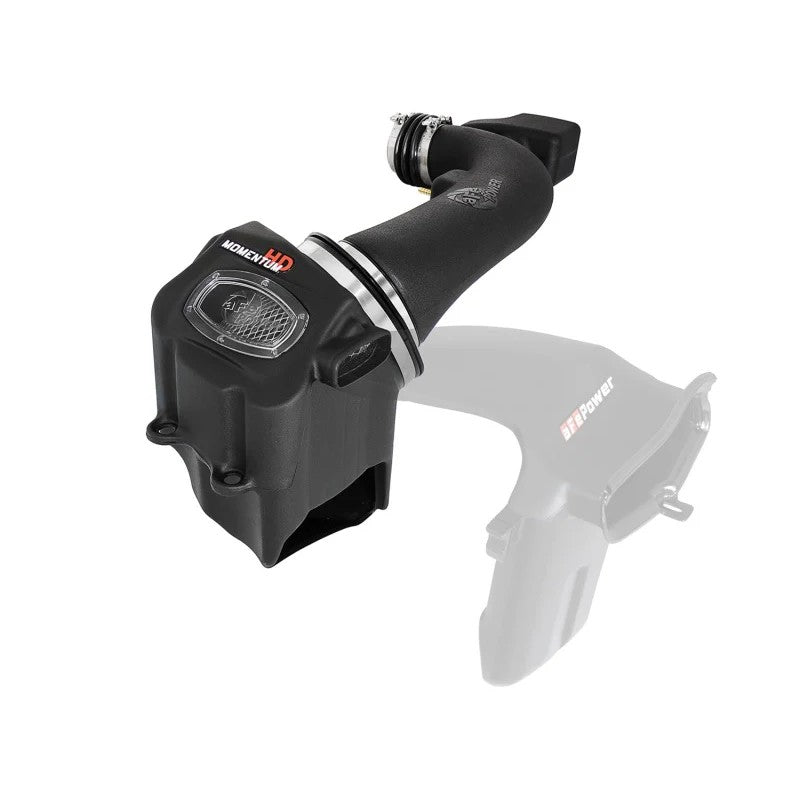 Black roto-molded aFe Momentum GT intake housing with clear sight window and Pro DRY S filter for Ford Super Duty.