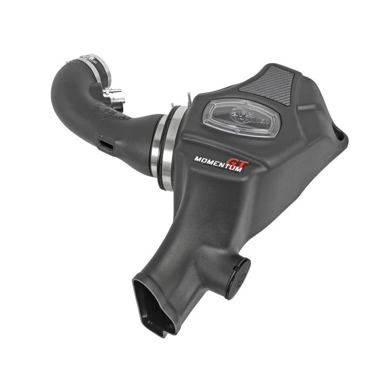 aFe Power Momentum GT cold air intake with black rotomolded housing and Pro DRY S oil-free filter for Ford Mustang GT.