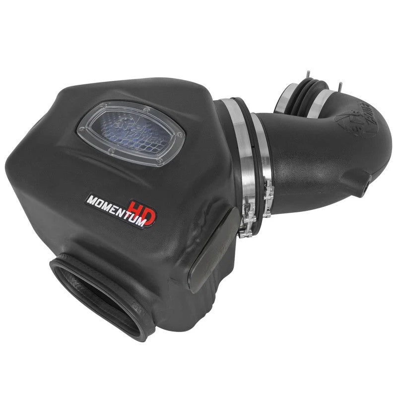aFe POWER Momentum HD cold air intake with black roto-molded housing and blue PRO 10R filter for Dodge Ram 5.9L Cummins.