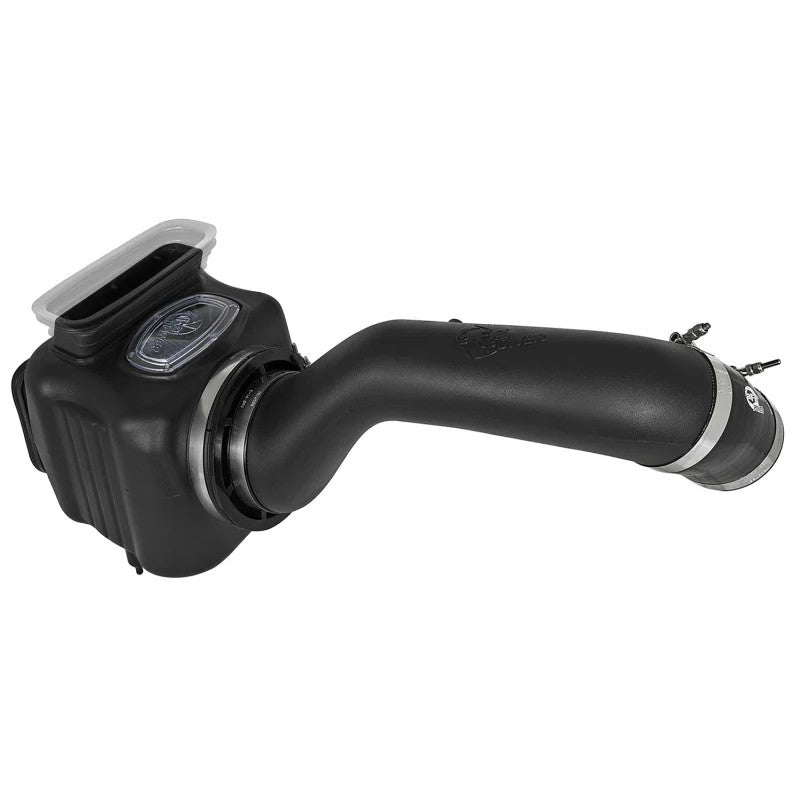 aFe Power Momentum HD cold air intake with black XLPE housing and blue Pro 10R air filter for 6.6L Duramax trucks.