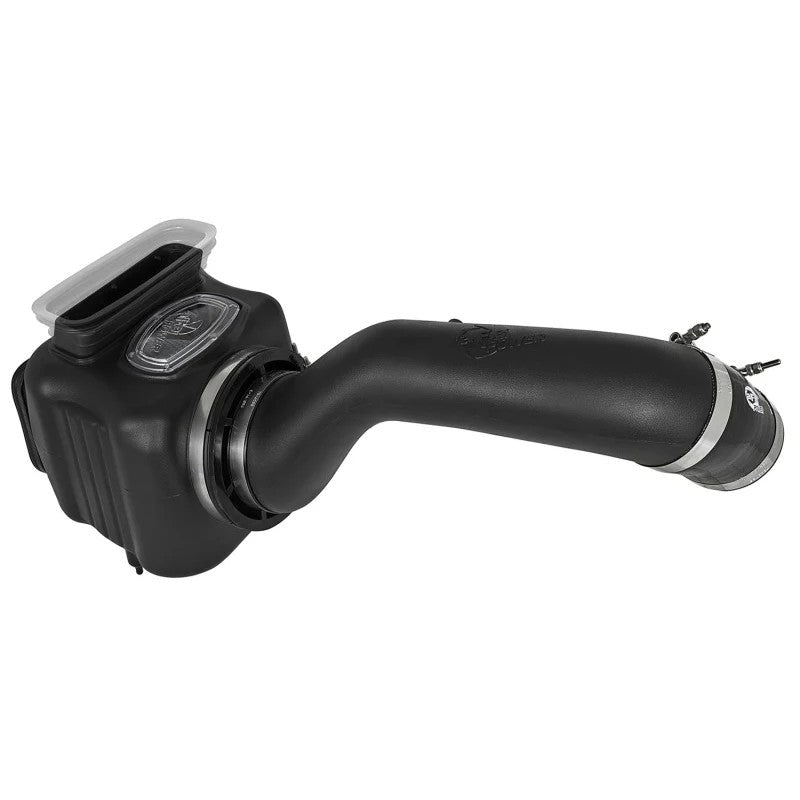aFe Power Momentum HD intake with black roto-molded housing and clear sight window for 2017-2019 GM 6.6L diesel trucks.