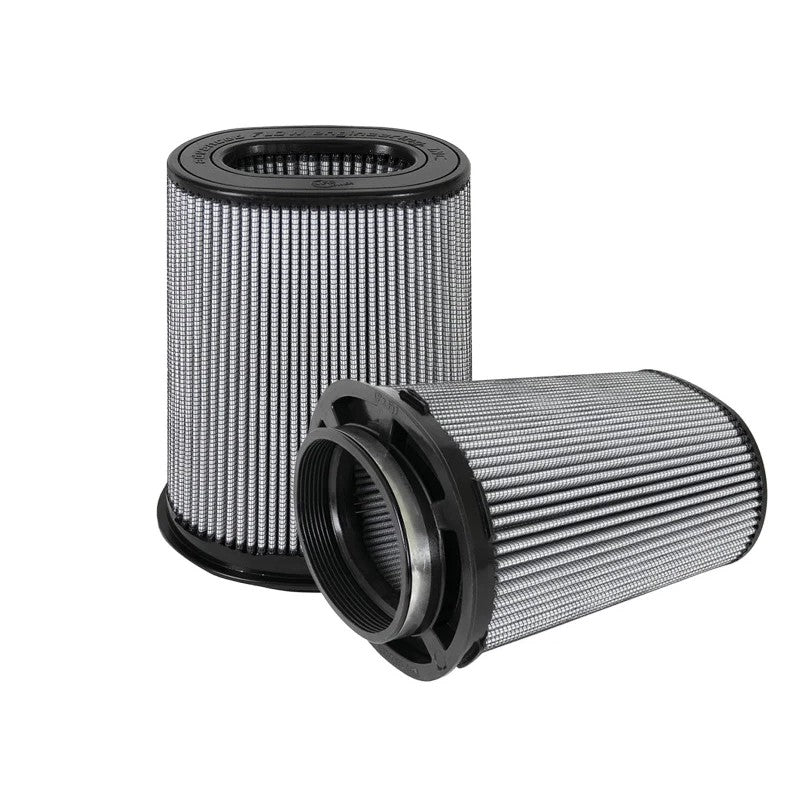 Pair of aFe POWER Pro DRY S replacement air filters with black polyurethane bases and stainless steel clamps.