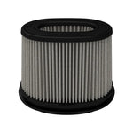 aFe Power Momentum Pro DRY S air filter with white synthetic media, black polyurethane base, and stainless steel clamp.