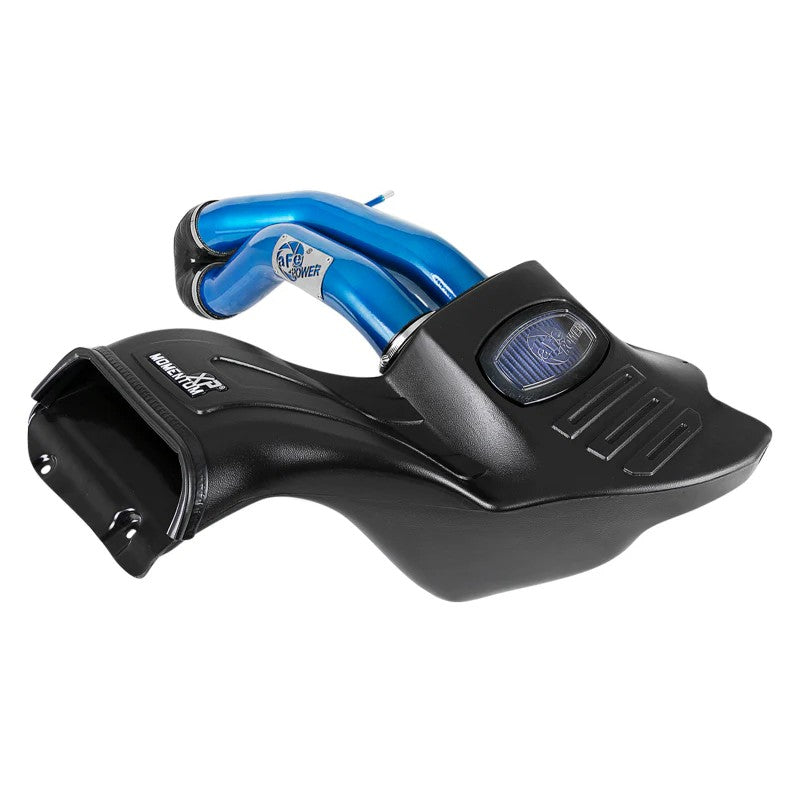 aFe Momentum XP cold air intake system with blue powder-coated dual tubes and roto-molded housing for Ford F-150 V8-5.0L