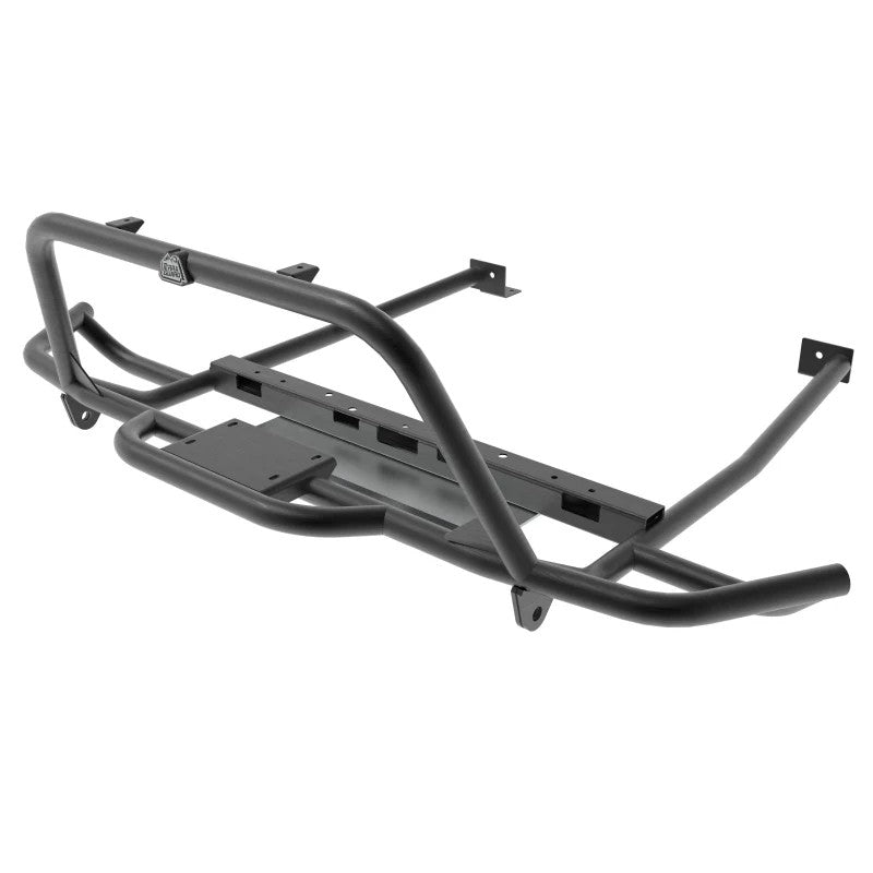 aFe POWER Terra Guard black tubular steel front bumper with winch mount and skid plate on a Subaru Outback.