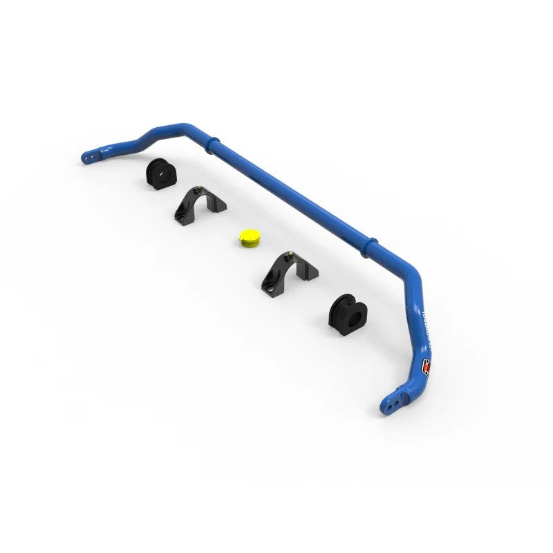 Blue aFe CONTROL Race Edition 32mm front sway bar with black aluminum billet brackets and polyurethane bushings.