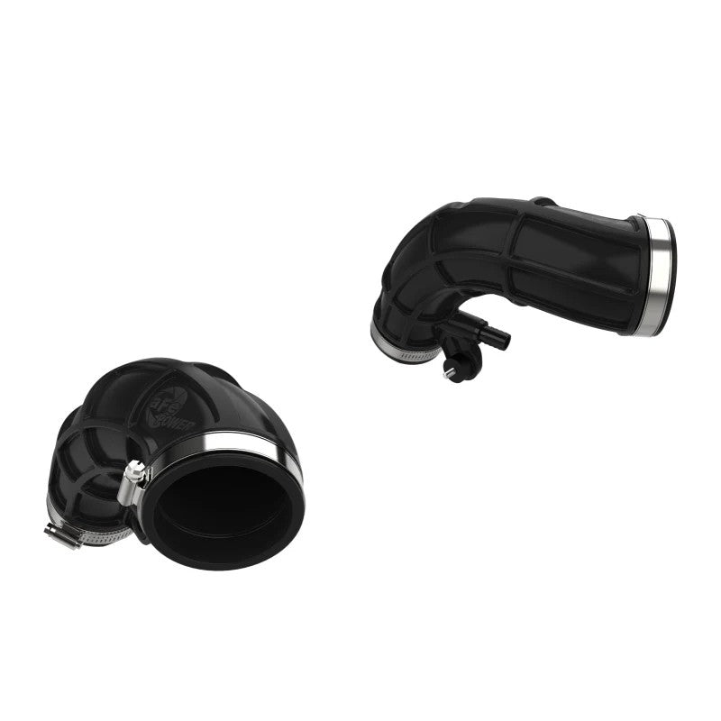 aFe Power black reinforced silicone turbo inlet pipes with stainless steel SmartSeal clamps for V6-3.4L engines.